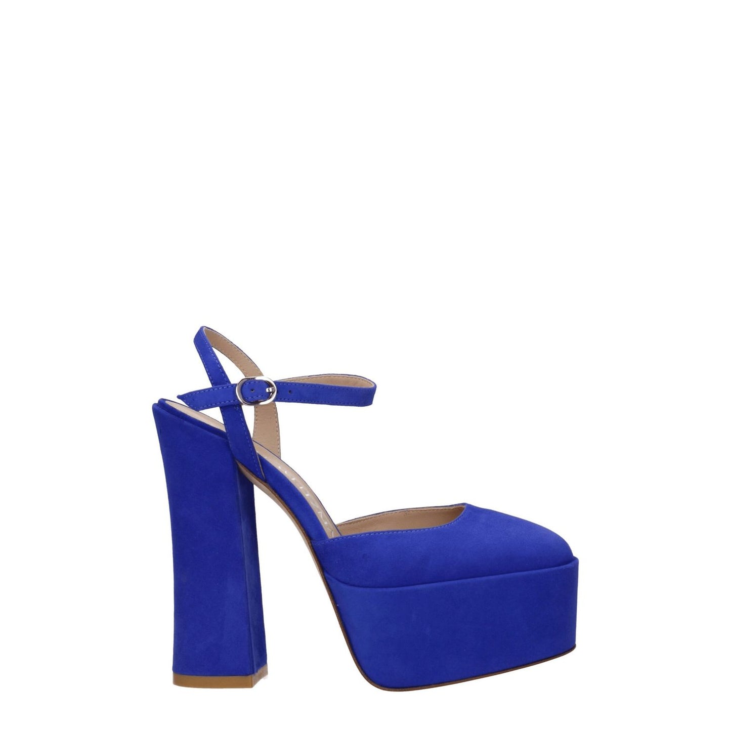 Stuart Weitzman Blue Leather Platform Sandals with buckle closure, high heel, round toe, 14.5 cm heel height, suede material.