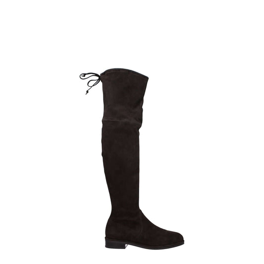 Stuart Weitzman Brown Leather Over The Knee suede boots with self-tie closure and rubber sole, featuring low heel and round toe.