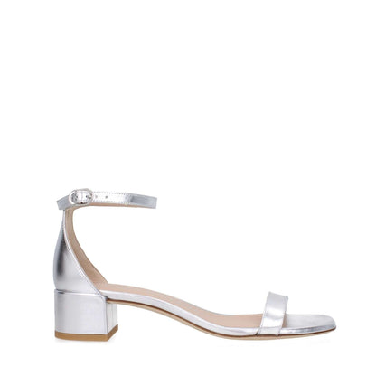 Stuart Weitzman Gray Leather Sandals with buckle closure and mid heels, open toe design, silver leather material, 3.5 cm heel height.