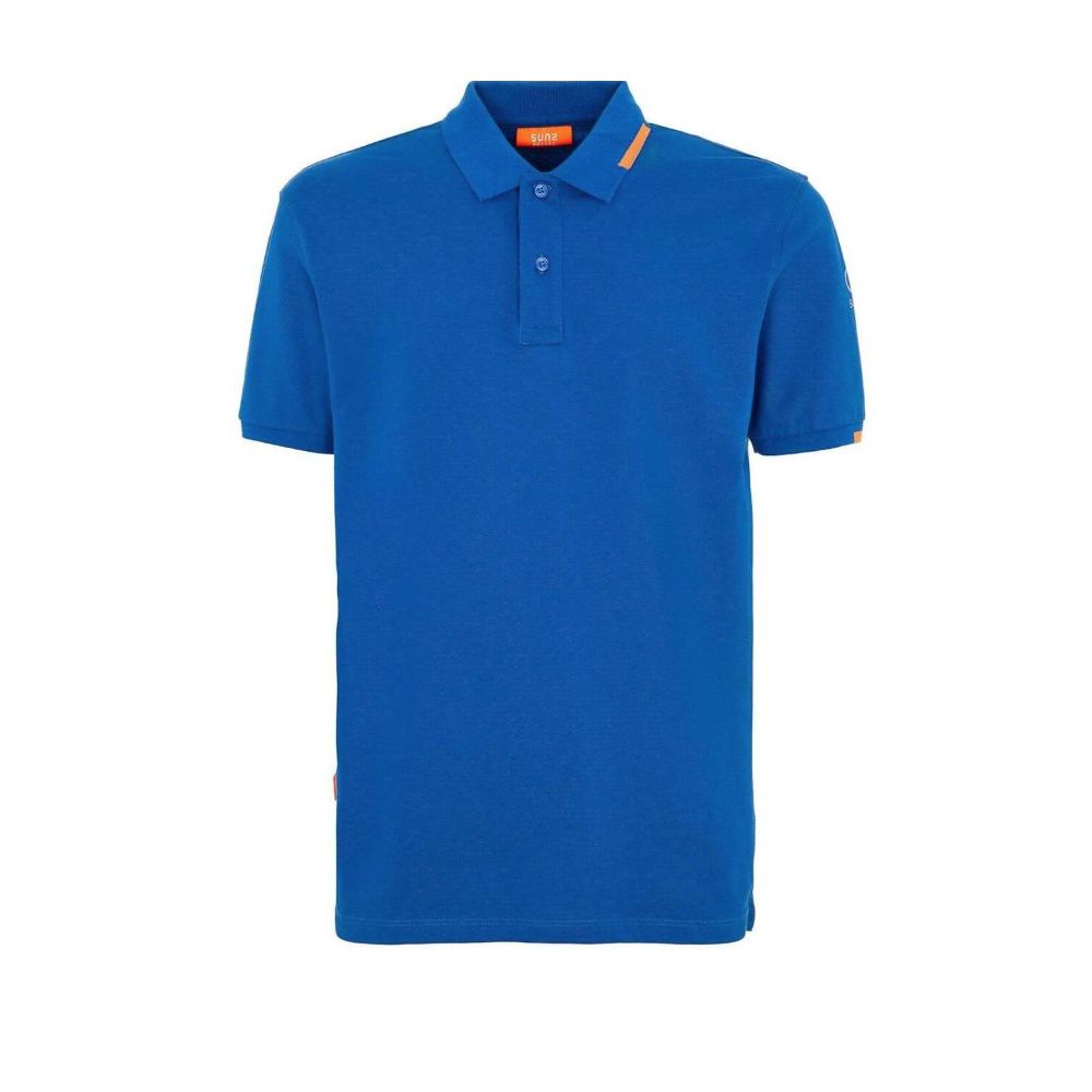 Suns Blue Cotton Polo Shirt with ribbed collar and logo on sleeve, front button closure.