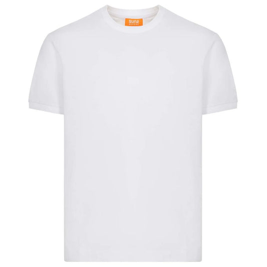Suns White Cotton T-Shirt with crew neck, elasticated sleeves, and logo on left sleeve, perfect casual wear for comfort and style.