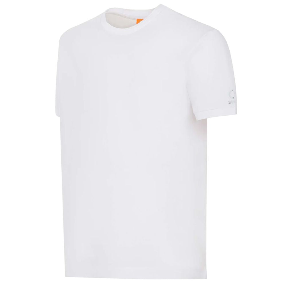 Suns White Cotton T-Shirt with stretch crew neck, elasticated sleeves, and logo on left sleeve in plain white design.