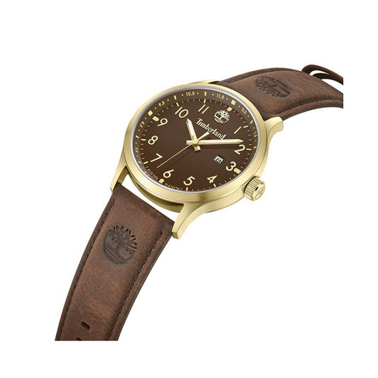TIMBERLAND Mod. TRUMBULL gold case brown leather strap quartz wristwatch, 46mm, men's water resistant with date function.