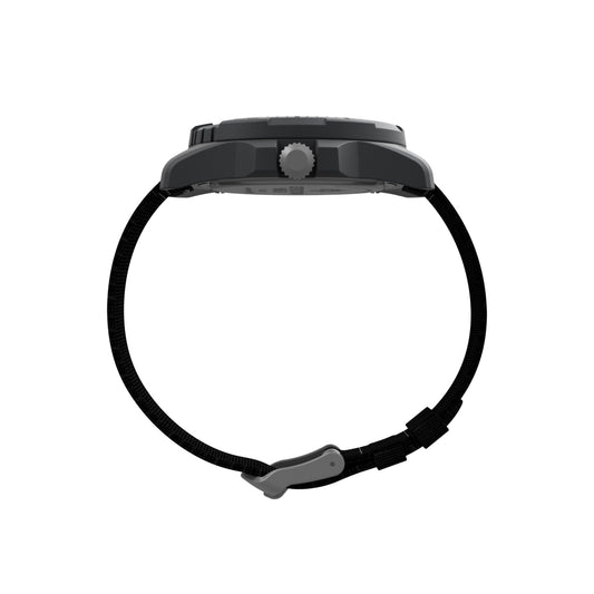 Side view of TIMEX Mod. EXPEDITION SOLAR with fabric strap and plastic case