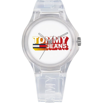 Clear quartz analog watch with TOMMY JEANS logo on dial, featuring 3 ATM water resistance and multifunction, in official packaging.