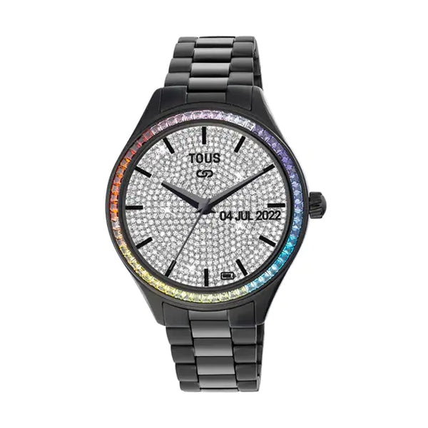 Alt Tag: TOUS WATCHES Mod. 200351040 with black metal strap and crystal-studded dial, featuring a rainbow-hued bezel.