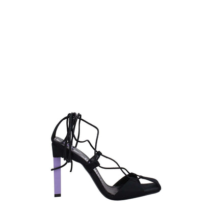 The Attico Black Fabric Stiletto Heel Sandals, open toe with self-tie closure, high mauve heel, leather sole.