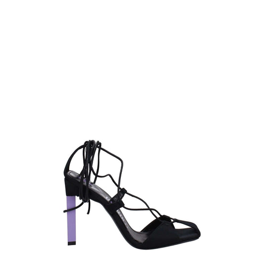 The Attico Black Fabric Stiletto Heel Sandals, open toe with self-tie closure, high mauve heel, leather sole.