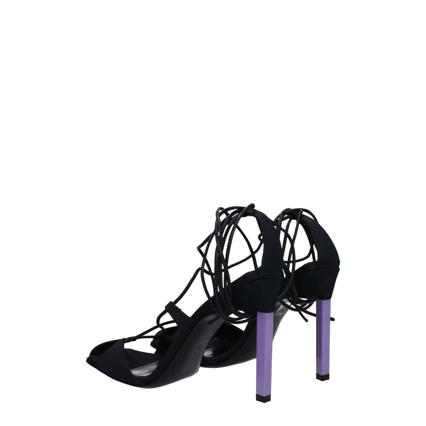 The Attico Black Fabric Stiletto Heel Sandals in black with self-tie closures and mauve heel, open toe high heel design.