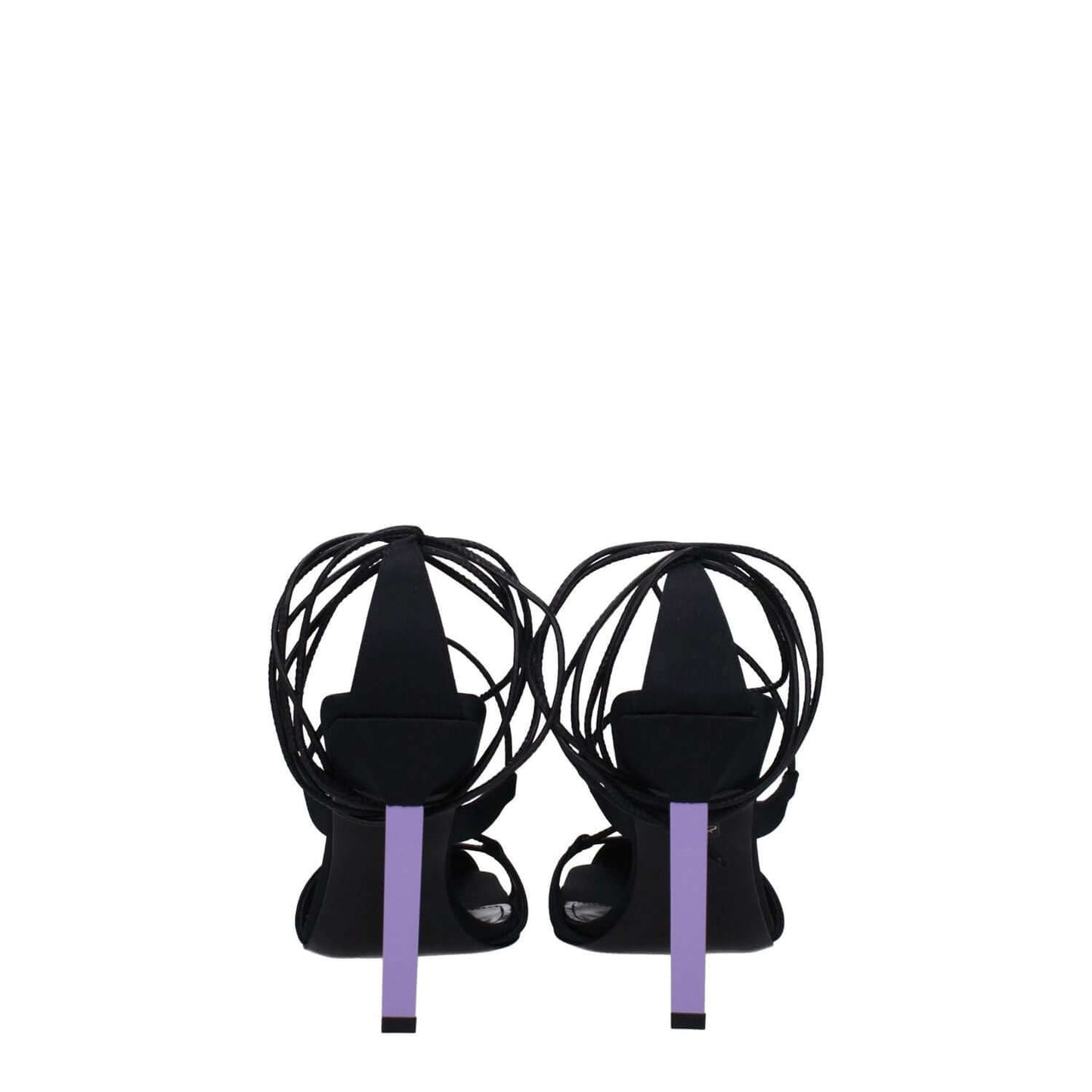 The Attico Black Fabric Stiletto Heel Sandals with mauve high heel, leather sole, and self-tie closure, view from the back.