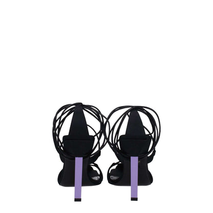 The Attico Black Fabric Stiletto Heel Sandals with mauve high heel, leather sole, and self-tie closure, view from the back.