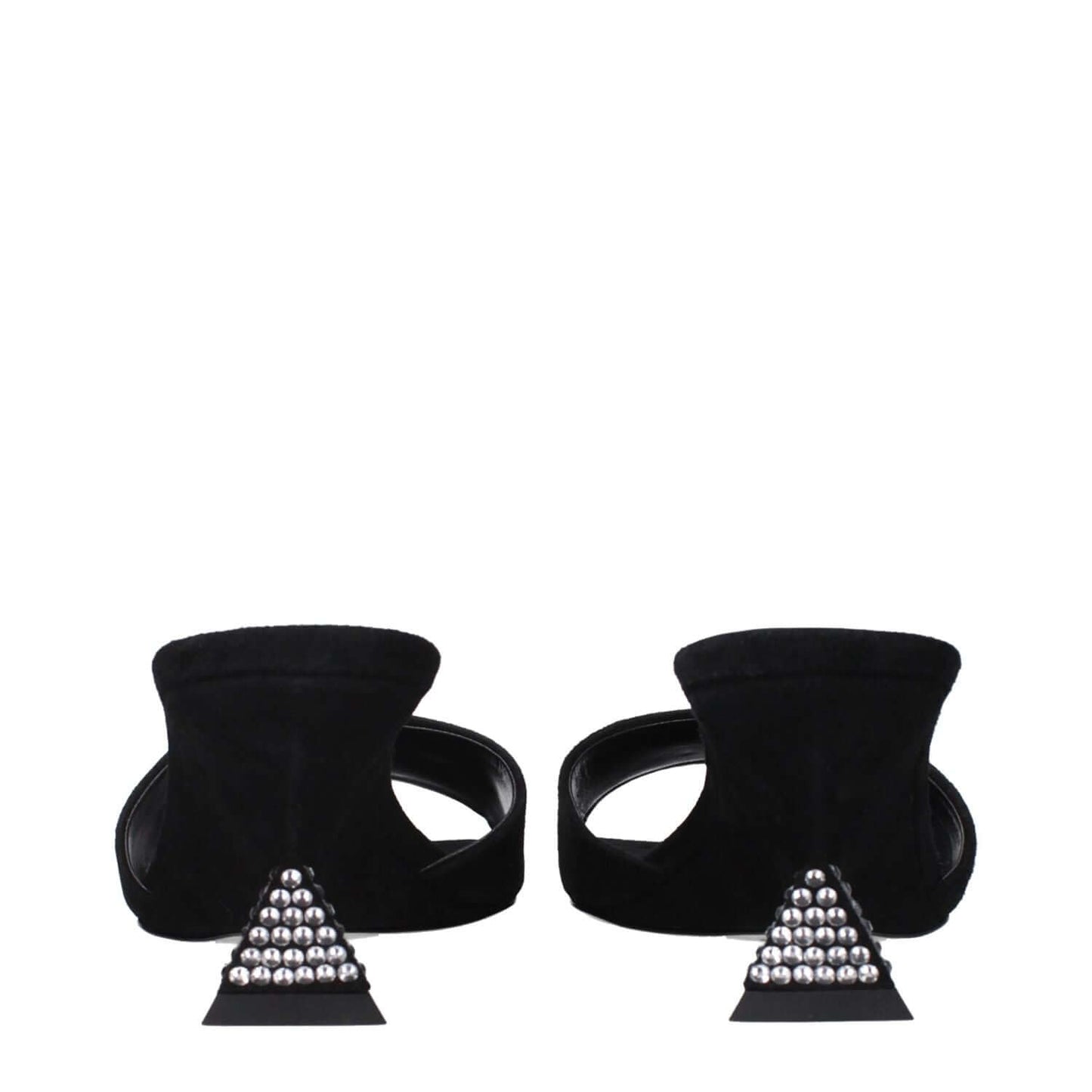 The Attico Black Leather Platform Sandals, black suede material, open toe, wedge heel with unique pyramid design, rear view.