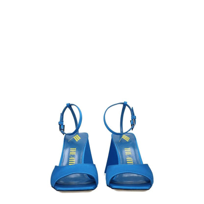 The Attico Blue Satin Stiletto Heel Sandals with buckle closure and 8.5 cm mid heels, shown in blue and turquoise satin.