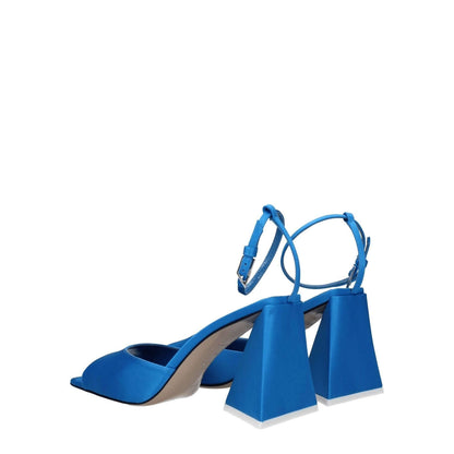 The Attico Blue Satin Stiletto Heel Sandals with 8.5 cm mid heels and buckle closure, featuring open toe and leather sole.