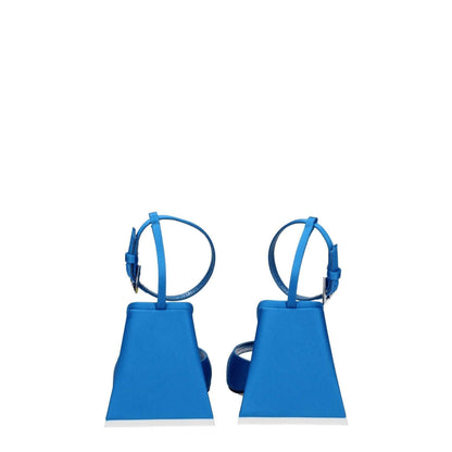 The Attico Blue Satin Stiletto Heel Sandals with buckle closure, leather sole, and open toe design viewed from the back.