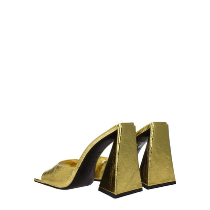 The Attico Gold Leather Platform Sandals with high heel and open toe design, featuring vintage effect and leather sole.