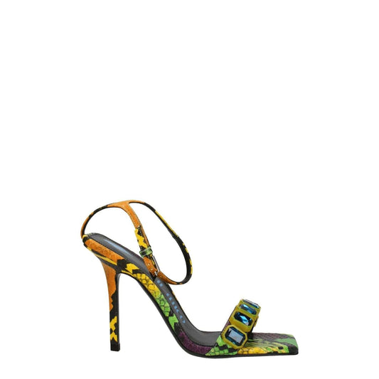 The Attico Multicolor Leather Stiletto Heel Sandals with snake print, buckle closure, and aged effect, featuring high heels.