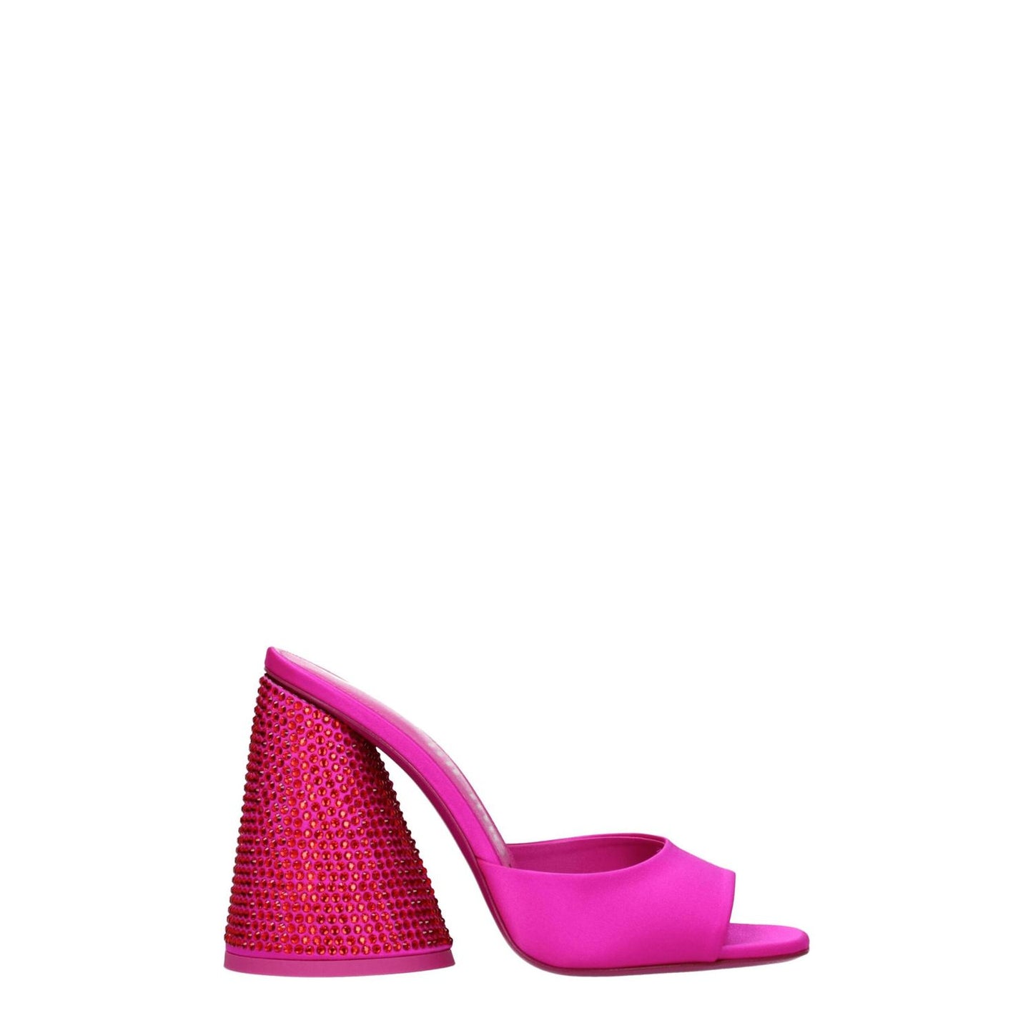 The Attico Pink Satin Platform Sandals with rhinestone high heel, open toe, 11 cm heel height, stylish fuchsia color.
