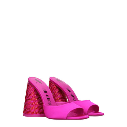 The Attico Pink Satin Platform Sandals with rhinestones, open toe, high heel, leather sole, 11 cm heel height, fuchsia and red accents.