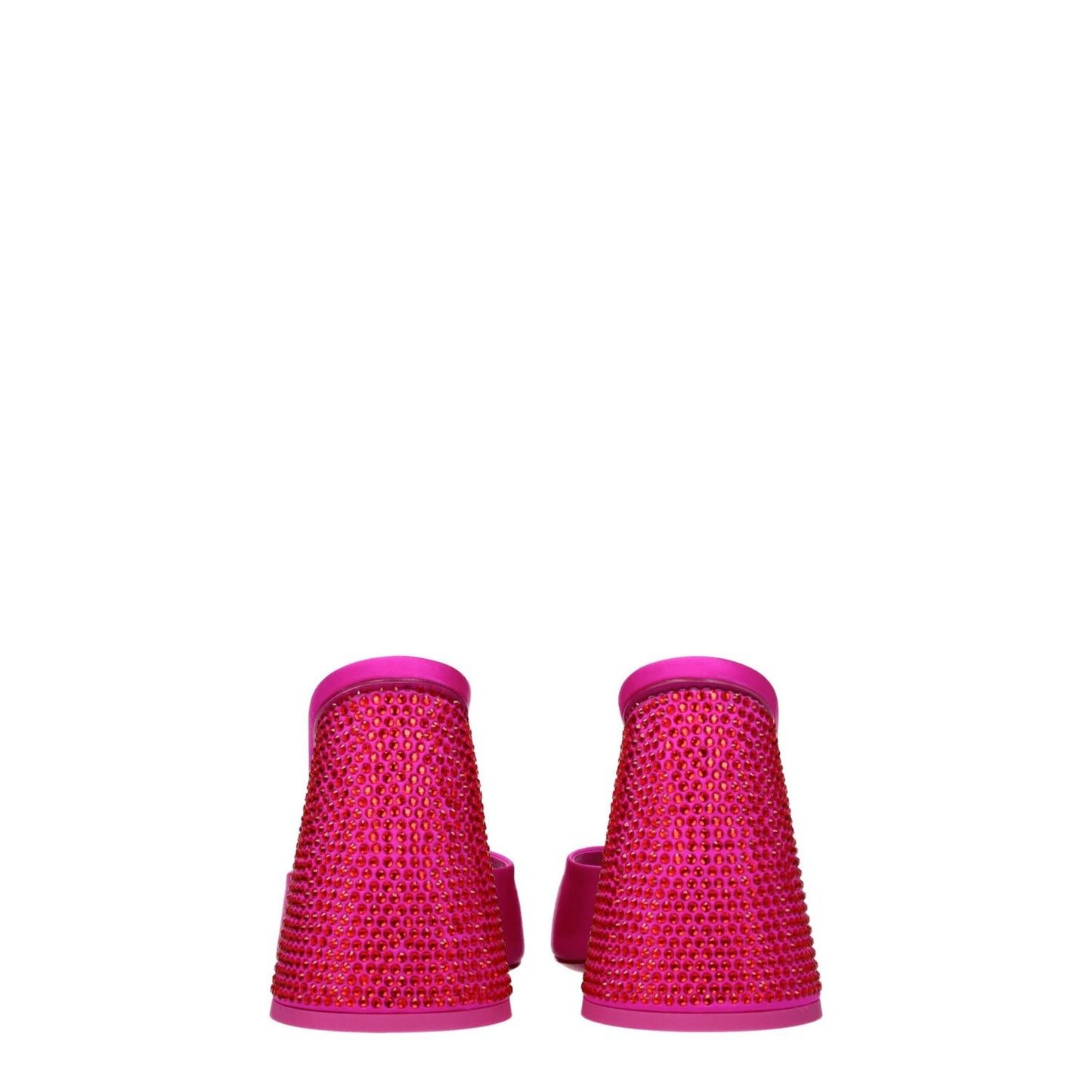 The Attico Pink Satin Platform Sandals with rhinestones, open toe and high heels in fuchsia satin with leather sole.