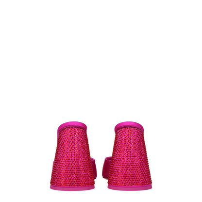 The Attico Pink Satin Platform Sandals with rhinestones, open toe and high heels in fuchsia satin with leather sole.