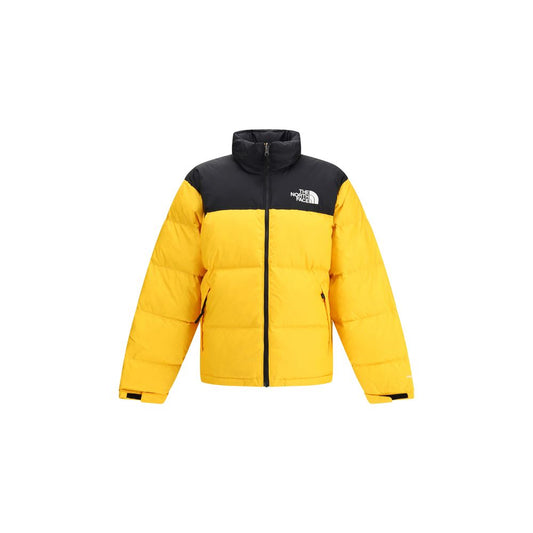 The North Face Yellow Polyamide Shell Jacket with high collar, removable hood, and contrasting logo in yellow-and-black colorway.
