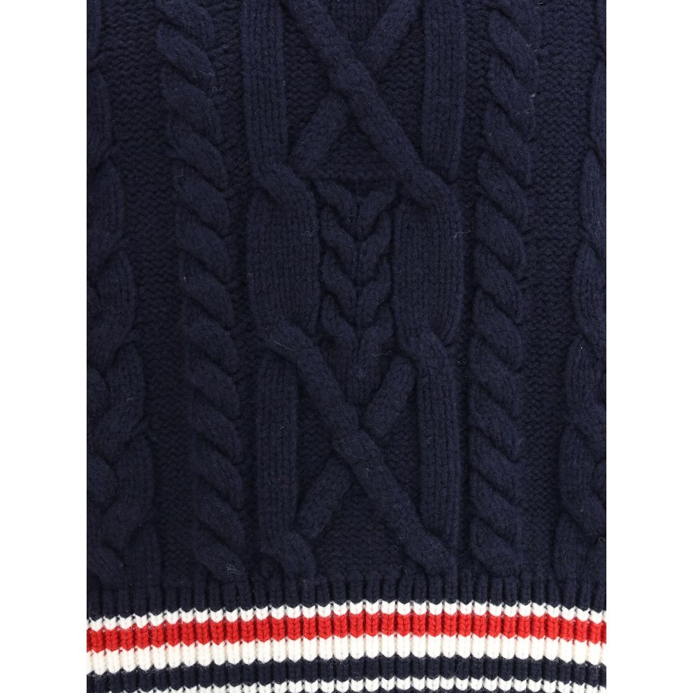 Close-up of Thom Browne Blue Fleece Wool Sweatshirt cable knit pattern with tricolor hem detail.