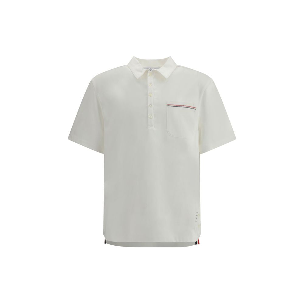 Thom Browne White Cotton Polo Shirt with collar, button closure, and signature embroidered patch pocket on front.