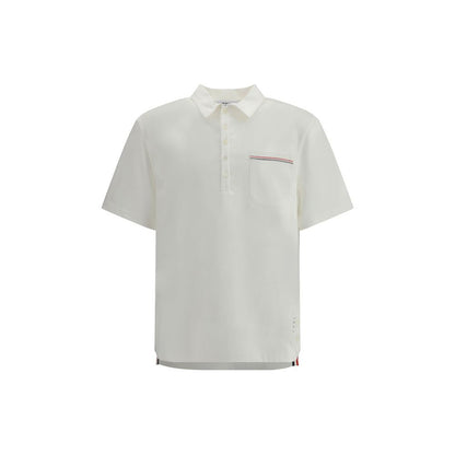 Thom Browne White Cotton Polo Shirt with collar, button closure, and signature embroidered patch pocket on front.