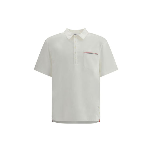 Thom Browne White Cotton Polo Shirt with embroidered patch pocket and classic collar, showcasing elegance and iconic brand details.