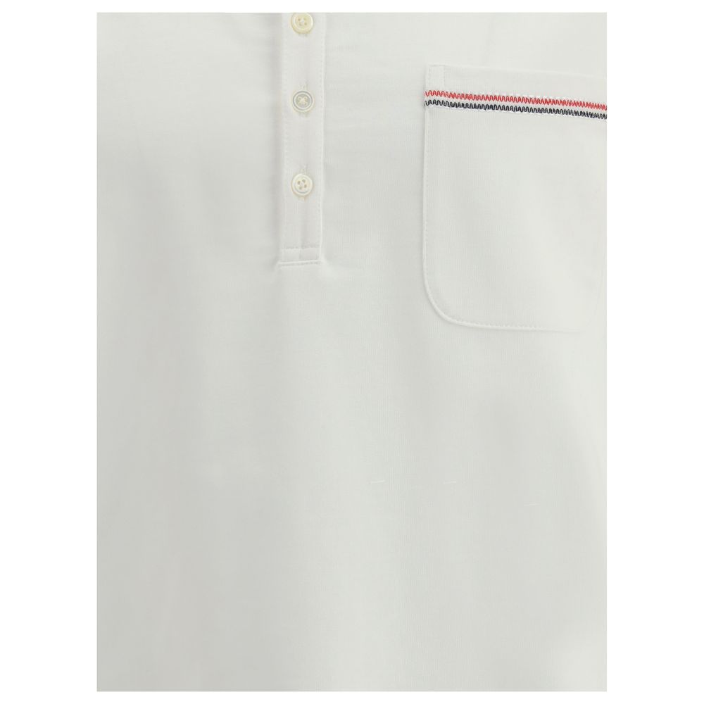 Thom Browne White Cotton Polo Shirt featuring embroidered patch pocket and button closure.