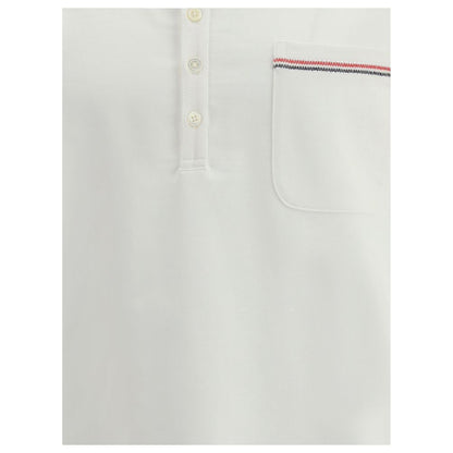 Thom Browne White Cotton Polo Shirt featuring embroidered patch pocket and button closure.