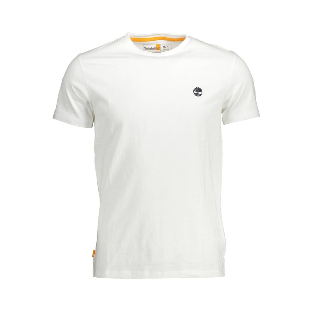 Timberland White Organic Cotton Men T-Shirt with logo, made from 100% organic cotton, crew neck, slim fit, eco-friendly fashion.