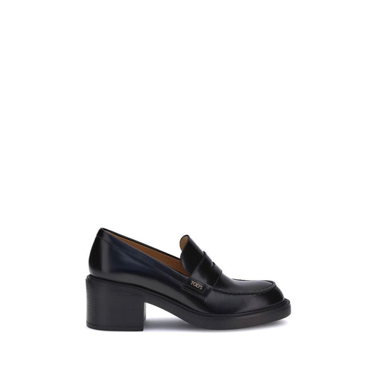Tod's Black Calf Leather Bos Taurus Platform Loafers with chunky heel, slip-on design, perfect for versatile and elegant style.