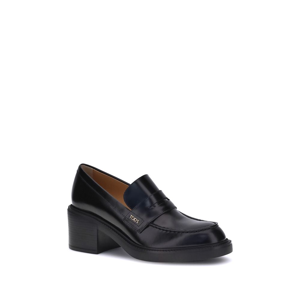 Tod's Black Calf Leather Bos Taurus Platform Loafers with chunky heel and elegant design for versatile styling, AW25 collection.