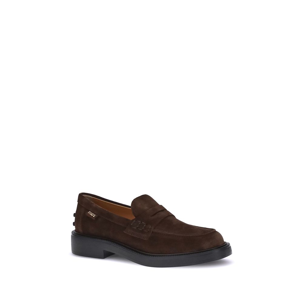 Tod's Brown Rubber Slip-On Loafers featuring suede upper, hand-stitched vamp, Tod's logo label, and signature rubber pebble heel detail.
