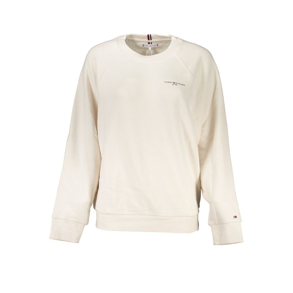 Tommy Hilfiger Beige Cotton Women Sweater with crew neck and logo design, made from organic cotton and polyester blend for a chic style.