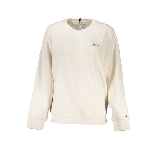 Tommy Hilfiger Beige Cotton Women Sweater with crew neck and logo design, made from organic cotton and polyester blend for a chic style.