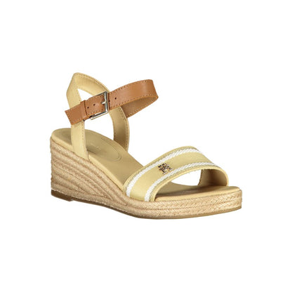 Tommy Hilfiger Beige Polyester Sandal with ankle buckle lacing, contrast details, and a 7 cm heel displaying the logo.