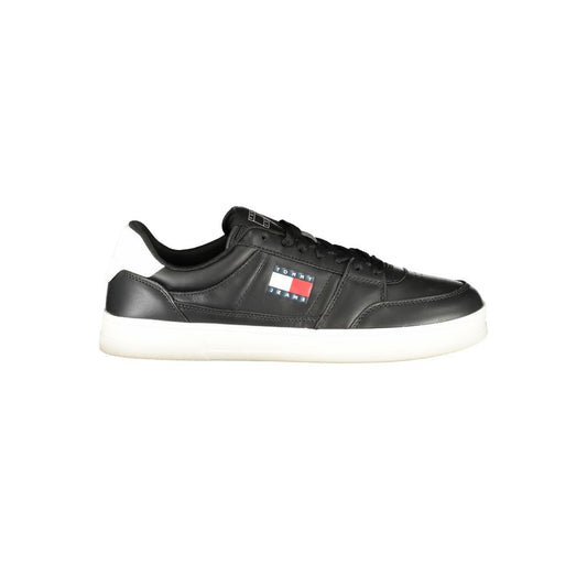 Tommy Hilfiger Black Leather Men Sneaker with white details, showcasing the iconic logo on the side