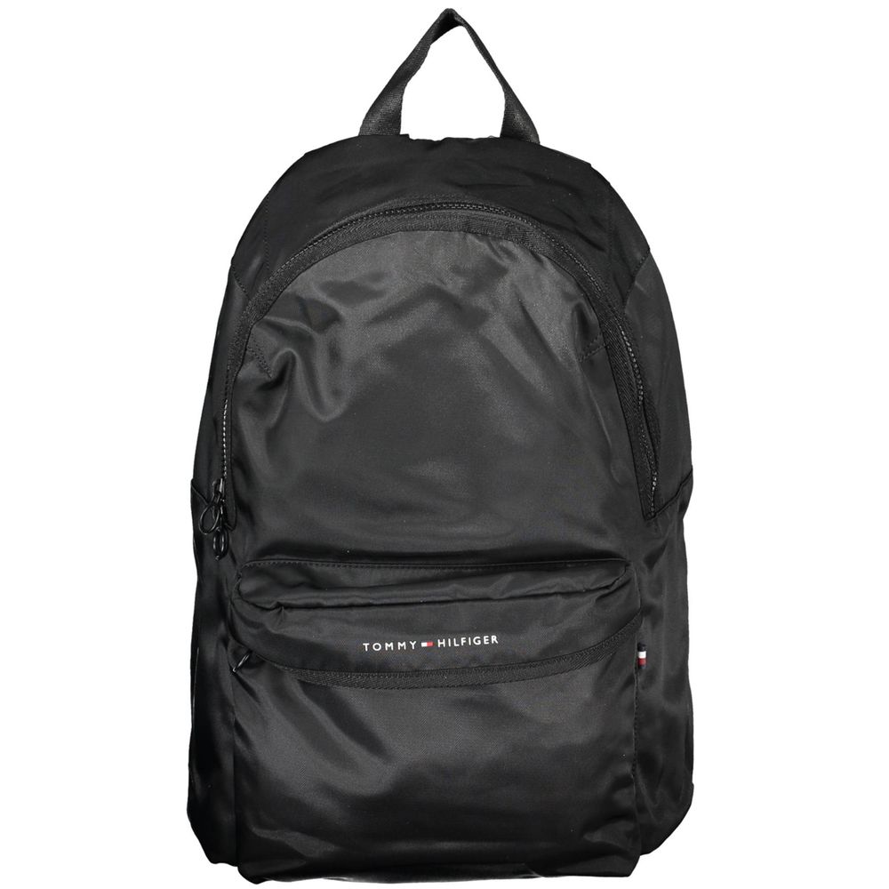 Tommy Hilfiger Black Polyester Backpack with handle, adjustable straps, external pockets, contrasting details, and zip closure.