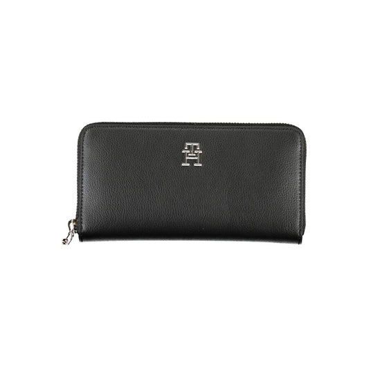 Tommy Hilfiger Black Polyester Wallet with 5 compartments and coin purse, featuring zipper closure and logo.