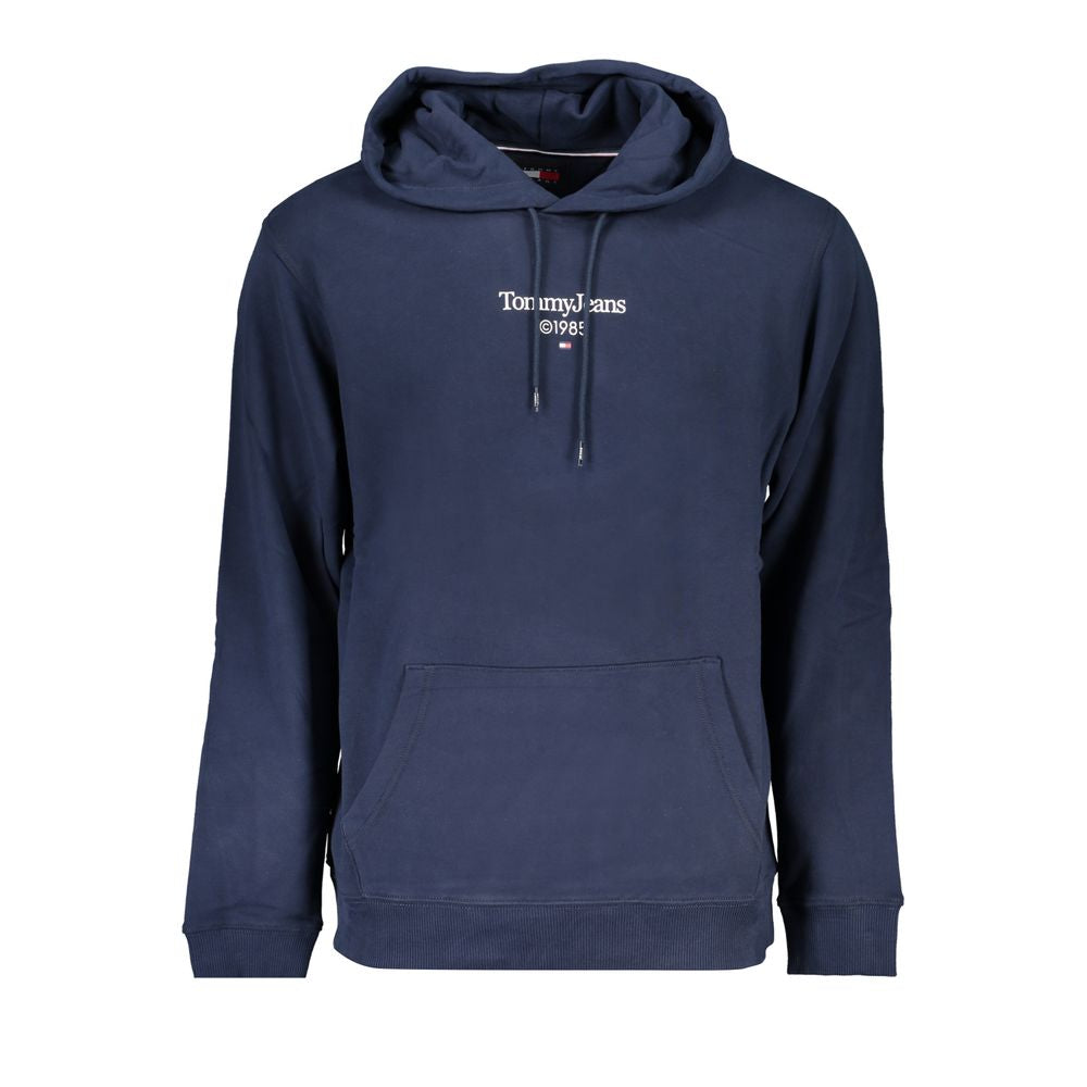 Tommy Hilfiger Blue Cotton Men Sweater with hood and front pocket, featuring iconic logo in stylish design, perfect for casual elegance.