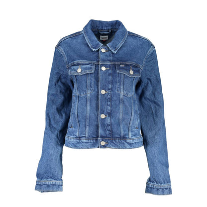 Tommy Hilfiger Blue Cotton Women Jacket with button fastenings and four pockets, featuring a washed denim effect and embroidery.