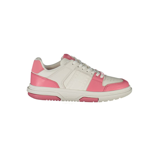 Alt Tag: Tommy Hilfiger Pink Leather Women Sneaker with contrasting details and logo, showcasing style and comfort in vibrant pink.