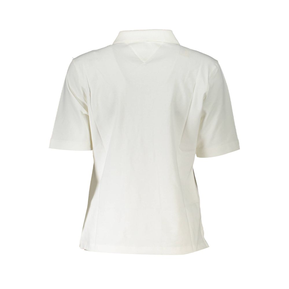 Tommy Hilfiger White Cotton Polo Shirt back view, short sleeve, 5 buttons, embroidered logo, 95% organic cotton.