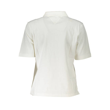 Tommy Hilfiger White Cotton Polo Shirt back view, short sleeve, 5 buttons, embroidered logo, 95% organic cotton.