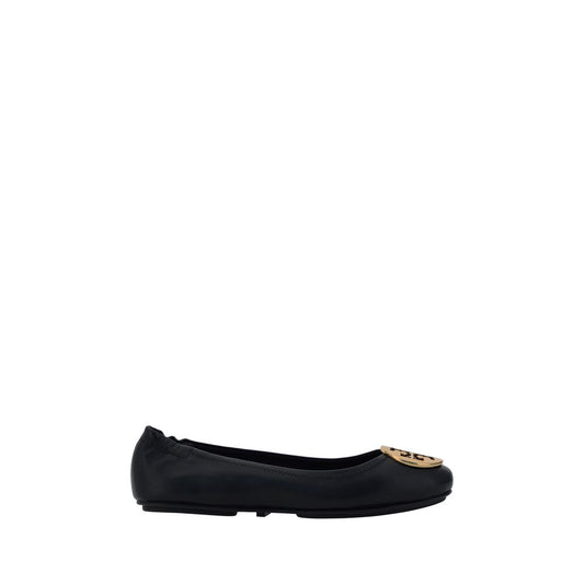Tory Burch Black Lamb Ovis Aries Aries Ballet Flats with embossed monogram plaque on round toe, side view.