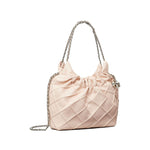 Tory Burch Fleming mini leather hobo bag in pale pink with quilted design, gathered top, and chain-link shoulder strap