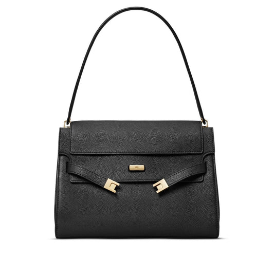 Tory Burch Lee Radziwill large leather handbag in black with gold-tone hardware and shoulder strap, front view.